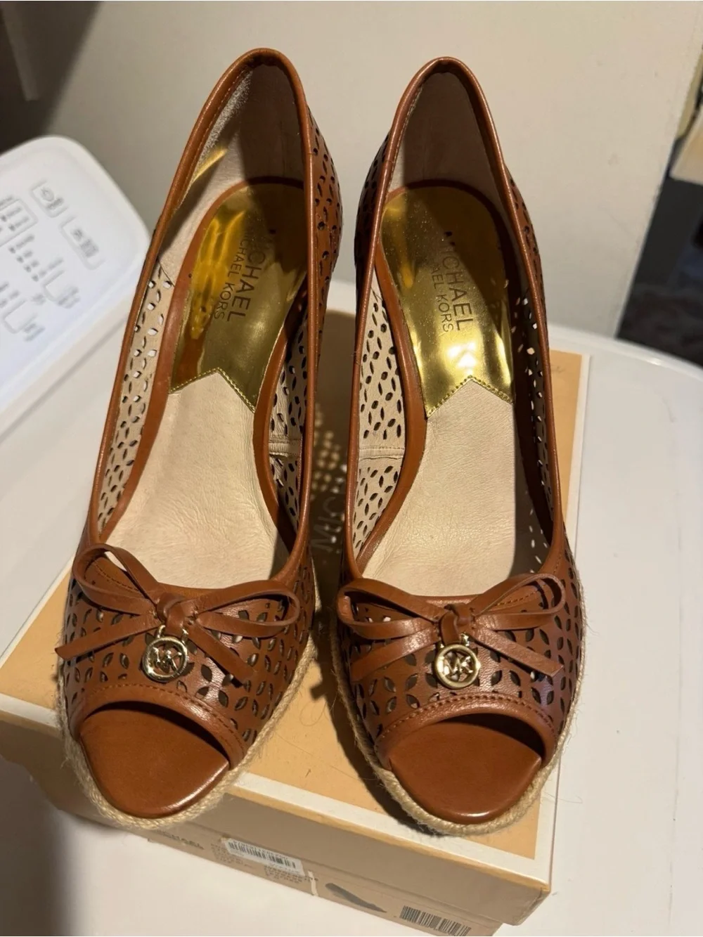 Michael Kors Cognac Perforated Leather Espadrille Wedge Peep-Toe